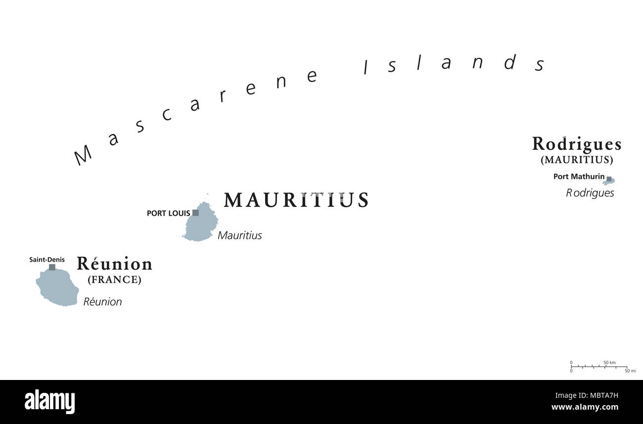 Maskarenen Inseln, politische Karte. Mauritius, Reunion und Rodrigues. Mascarenhas Archipel, einer Gruppe von Inseln im Indischen Ozean. Englischer Beschriftung. Stockfoto