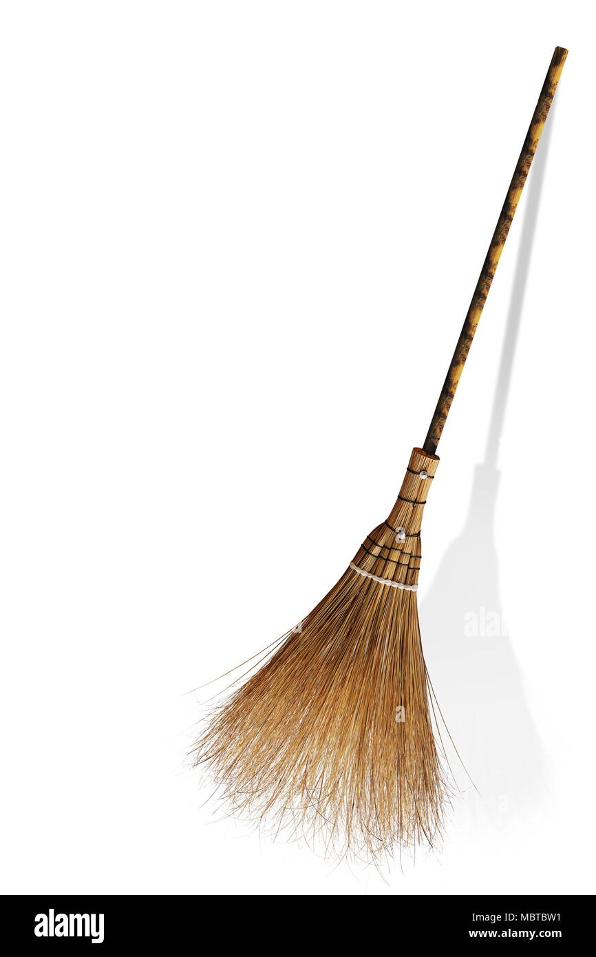 Besen und Kokospalmen Gras für Papierkorb und Reinigung Tag, Besen, Hexen auf Hintergrund weiß isoliert, Witch's Broomstick Stockfoto