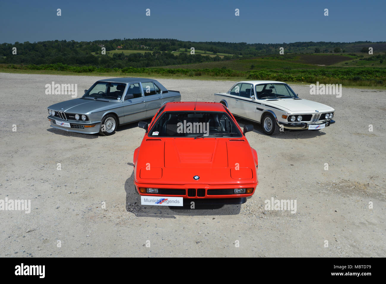 Die original BMW M Autos - die M1 Supercar, M 535 i und 3.0 CSL Stockfoto