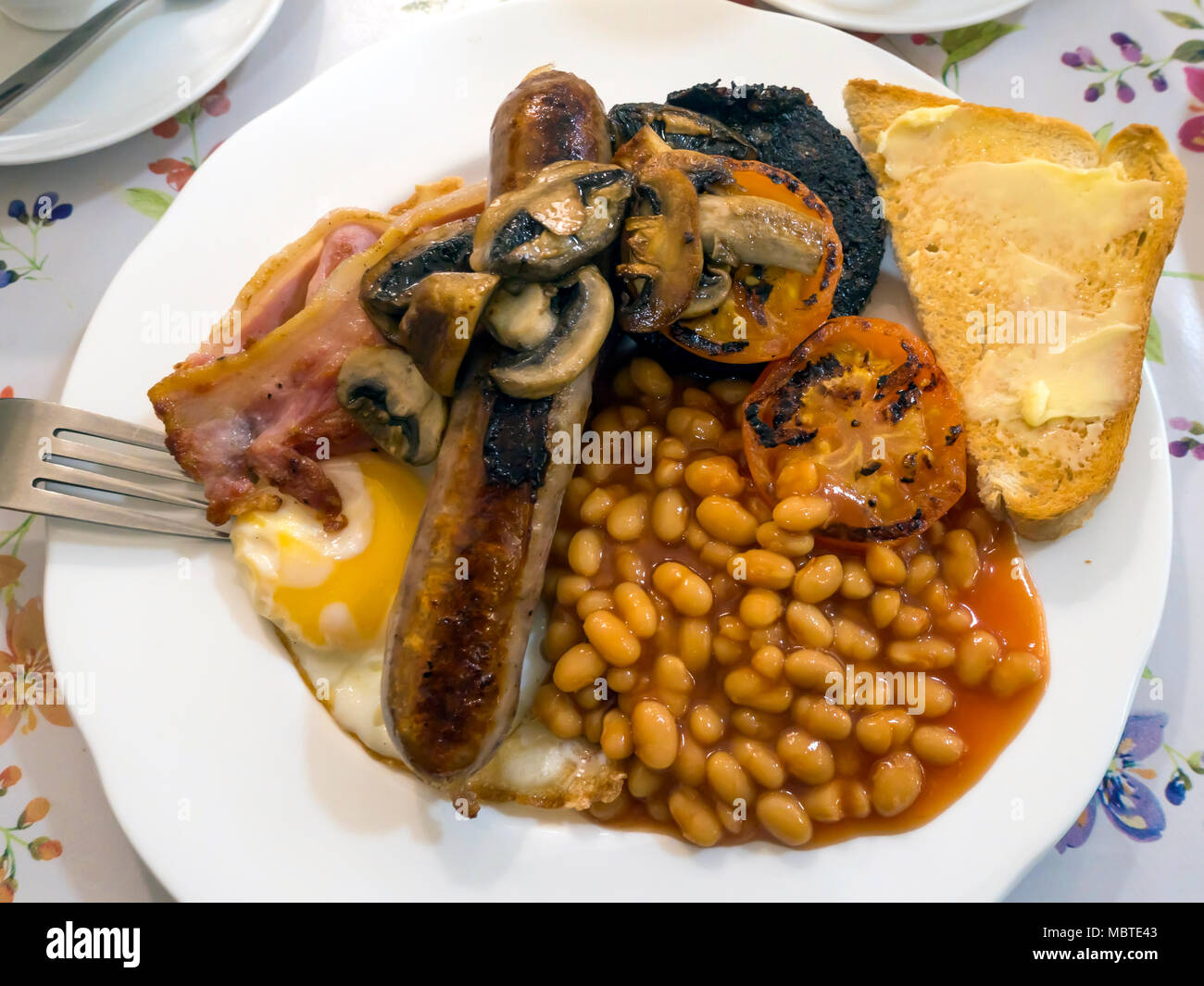 Englisches Frühstück Spiegelei, Speck, Bohnen, weißen Toast, Blutwurst, gegrillten Tomaten, Wurst und Pilze in North Yorkshire serviert. Stockfoto