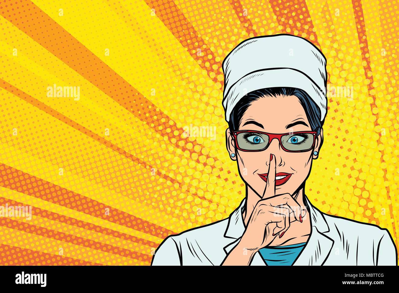 Krankenschwester bittet um Ruhe, Geste, den Finger auf die Lippen. Pop Art retro Vektor illustration Comic cartoon Vintage kitsch Stock Vektor Krankenschwester bittet um Ruhe, Geste, den Finger auf die Lippen. Pop Art retro Vektor illustration Comic cartoon Vintage kitsch Stock Vektor