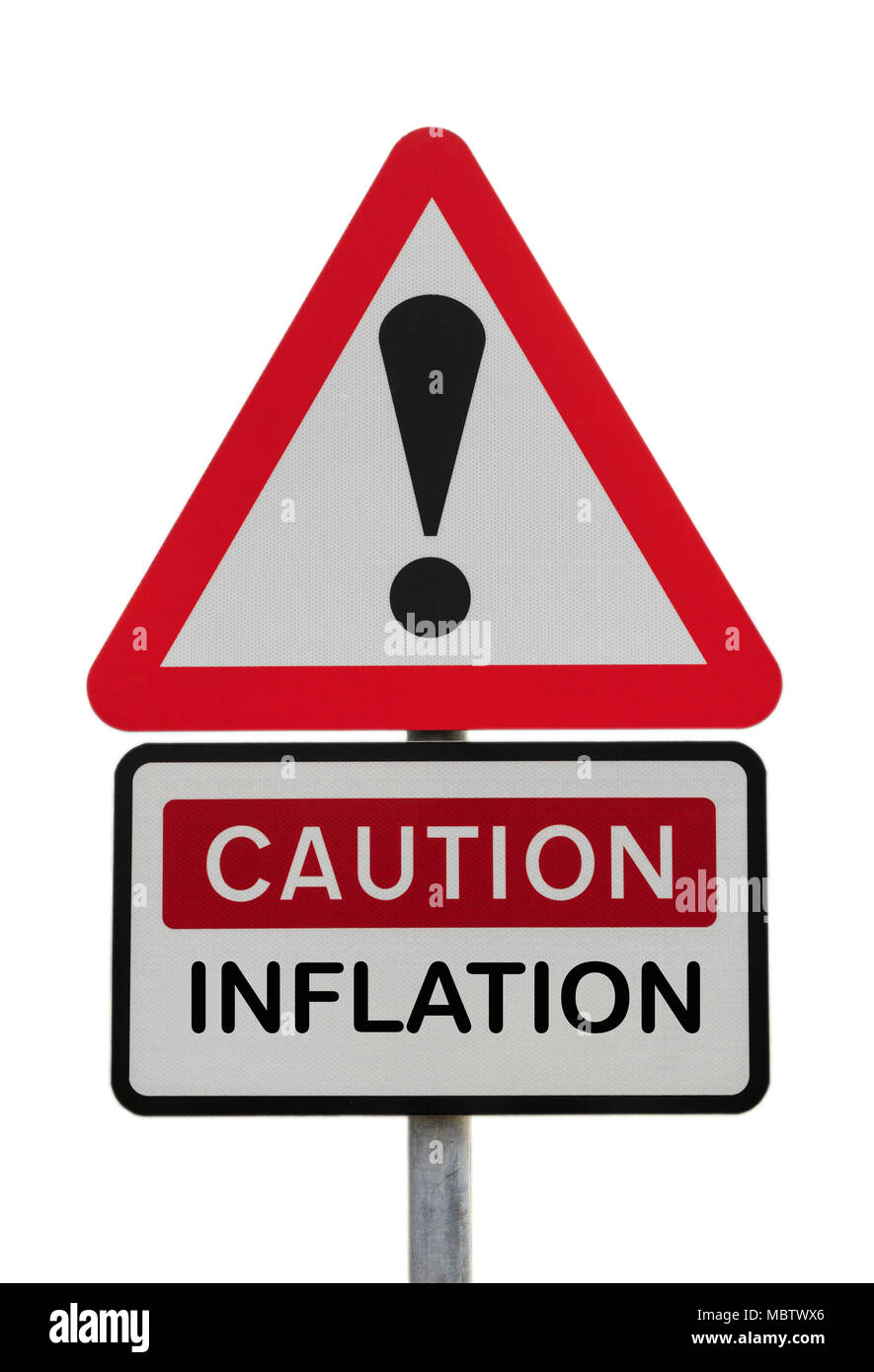 Dreieckige schild Warnung Vorsicht Inflation mit Ausrufezeichen finanzielle Zukunft Konzept zu veranschaulichen. Großbritannien, Großbritannien, Europa Stockfoto