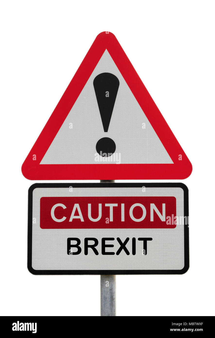 Dreieckige schild Warnung Vorsicht Brexit mit Ausrufezeichen finanzielle Zukunft Konzept und wirtschaftlichen Wandel voran zu veranschaulichen. Großbritannien Großbritannien Europa Stockfoto