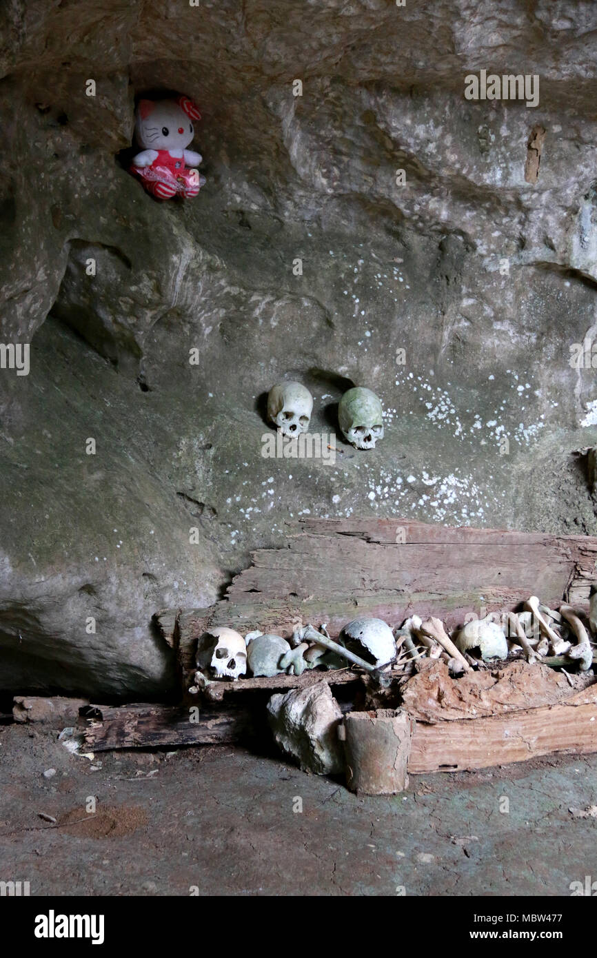 Hello Kitty Neben menschlichen Schädeln in der Tampang Allo Beerdigung Höhle, Sulawesi, Indonesien Stockfoto