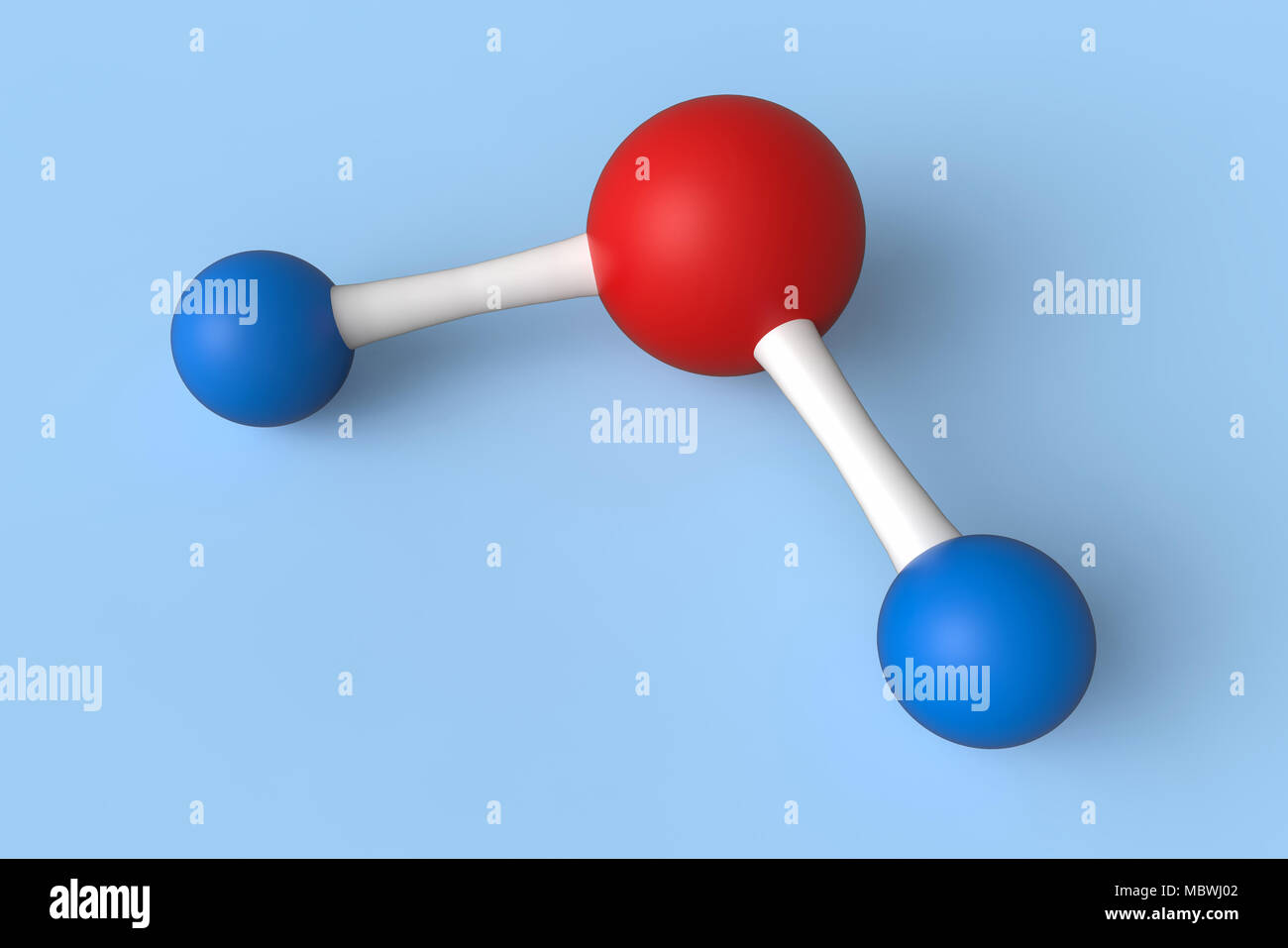 Wasser oder H2O Molekül Modell auf blauem Hintergrund isoliert. 3D-Darstellung Stockfoto