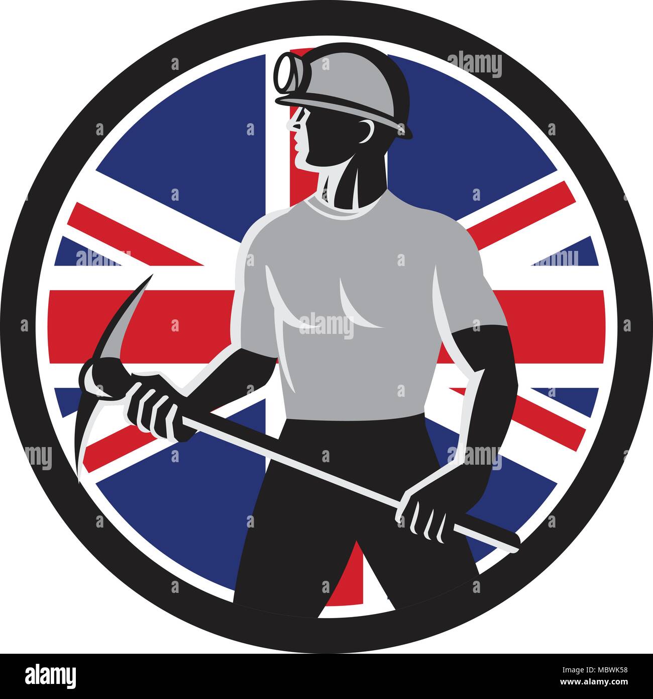 Symbol Retro Stil Abbildung eines British Coal miner Holding eine Spitzhacke von Seite mit Vereinigtes Königreich Großbritannien gesehen, Großbritannien Union Jack Flagge. Stock Vektor