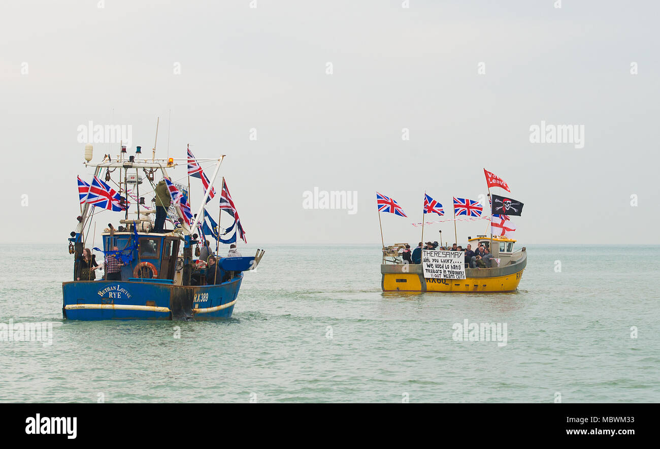 Angeln Für die Demonstration von Fischern in Hastings, East Sussex, aus Protest gegen die Politik der EU, die die Verwüstung der britischen Fischwirtschaft. Stockfoto