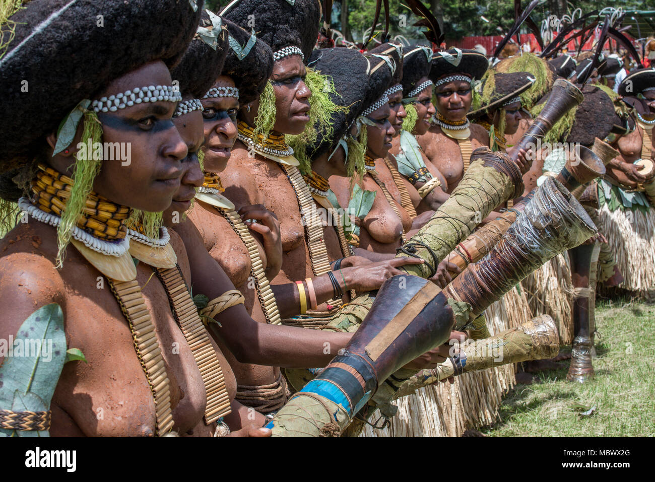 Eine Gruppe von Suli Muli Frauen von Enga mit runden das menschliche Haar Kopfbedeckungen, Mount Hagen Show, Papua-Neuguinea Stockfoto
