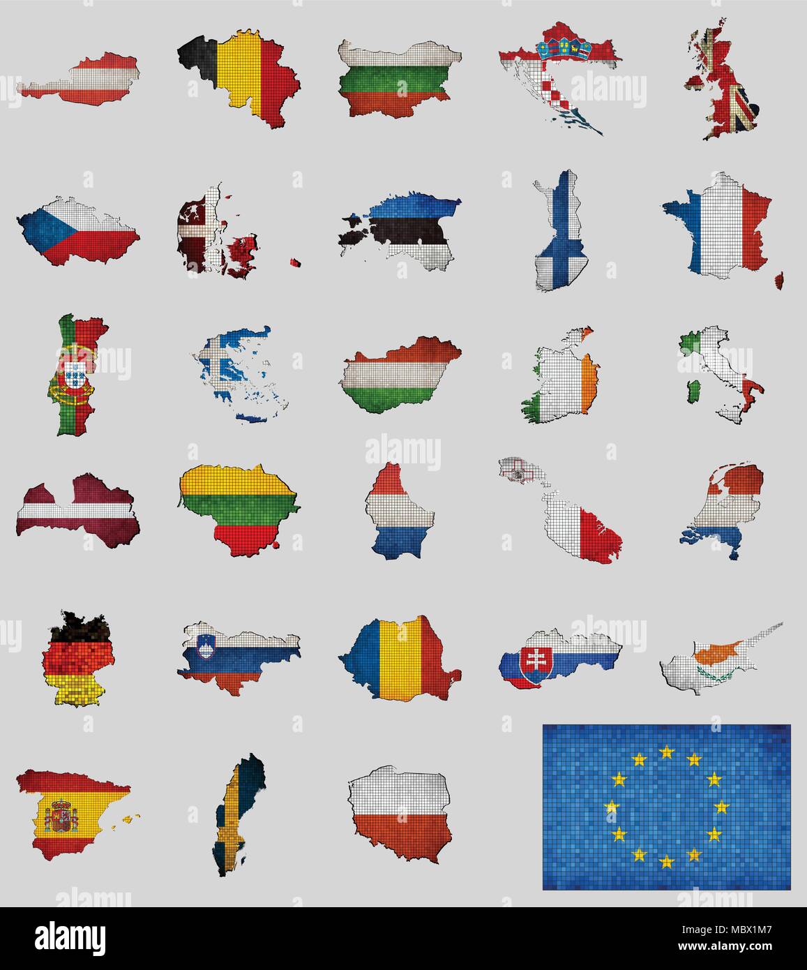 Sammlung von Karten und Flaggen der Länder der Europäischen Union - Illustration, Mosaik Karte mit Flaggen, Fahnen aller Länder der Europäischen Union Vektor i Stock Vektor