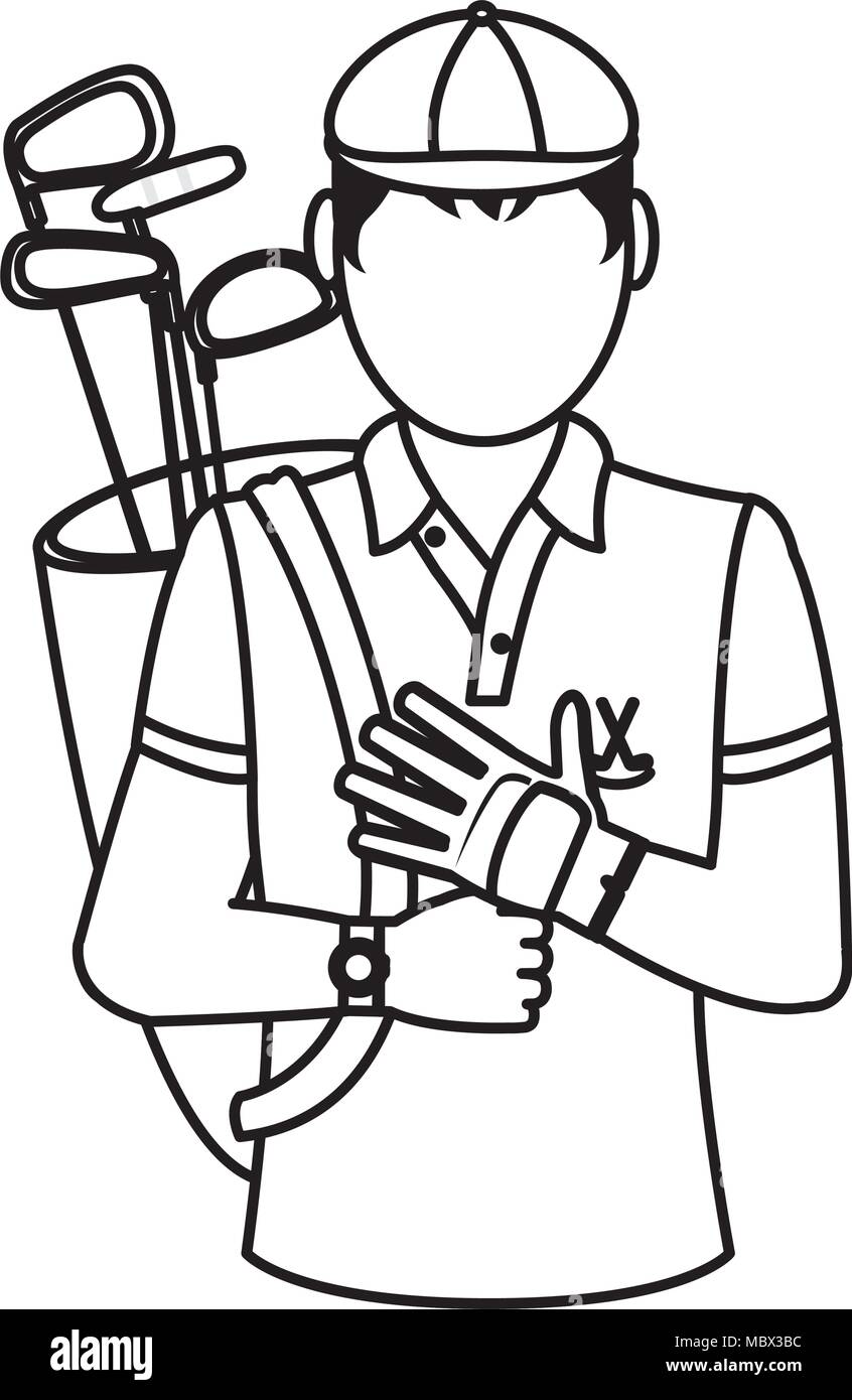 Line Mann golf mit Handschuh und Schläger im Bag Stock Vektor