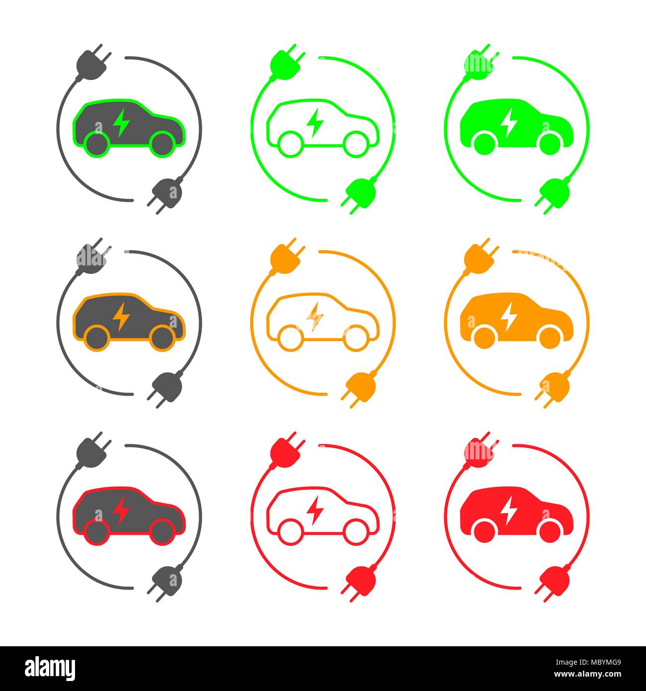 Symbole von Elektroautos, Vektor. Seitenansicht des Elektrofahrzeugs. Die Angabe der Ladestand der Batterie in das Elektroauto Stock Vektor