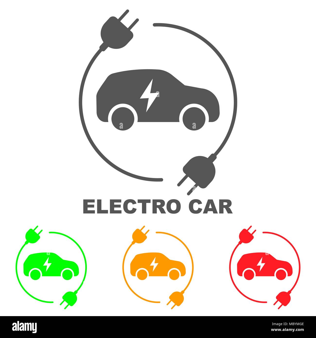 Symbole von Elektroautos, Vektor. Seitenansicht des Elektrofahrzeugs. Die Angabe der Ladestand der Batterie in das Elektroauto Stock Vektor