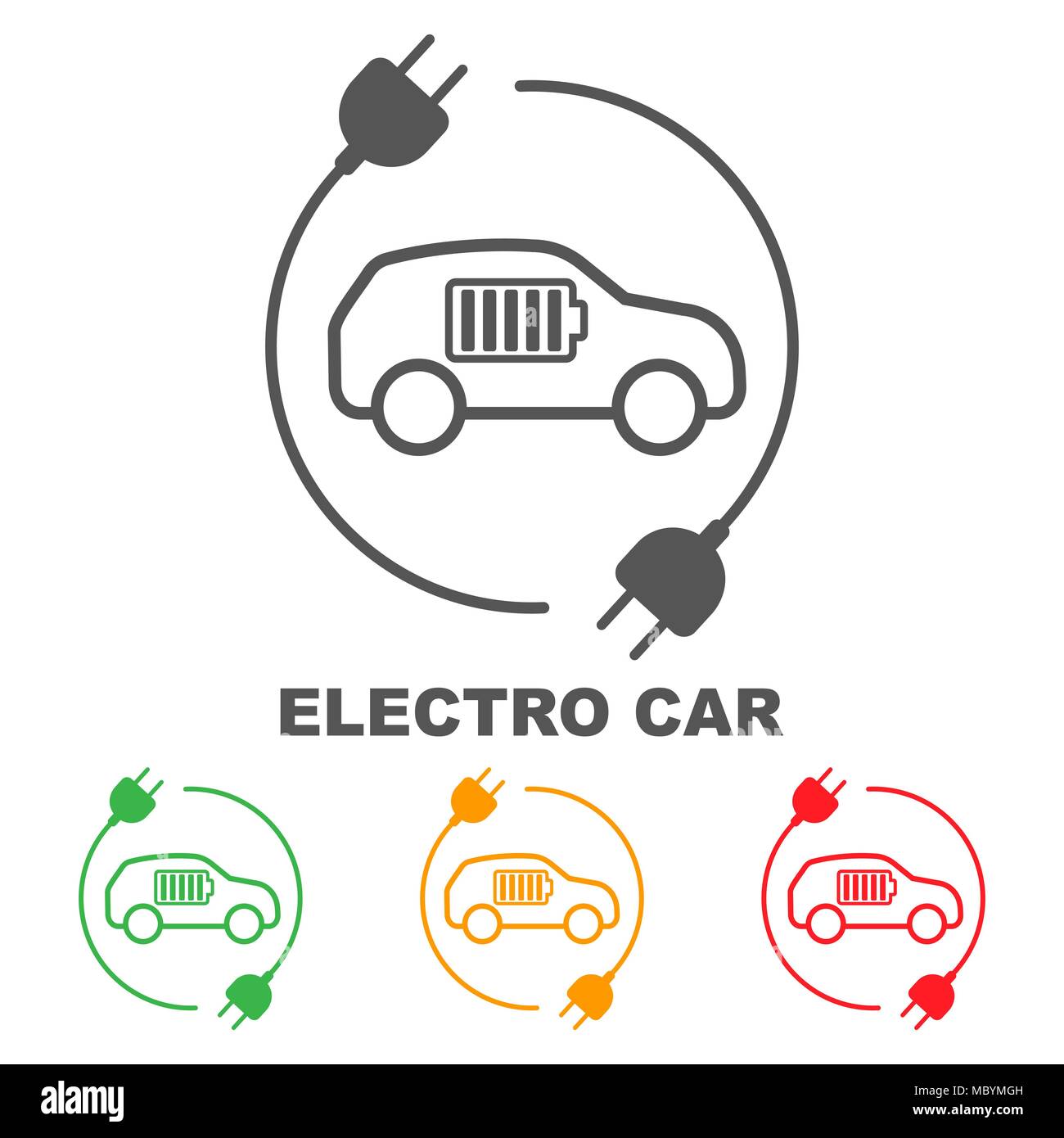 Symbole von Elektroautos, Vektor. Seitenansicht des Elektrofahrzeugs. Die Angabe der Ladestand der Batterie in das Elektroauto Stock Vektor