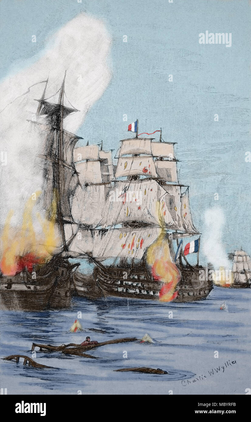 Schlacht von Trafalgar (21 Oktober 1805). Die kriegführenden Parteien: Französisch und Spanis Seestreitkräfte mit British Royal Navy konfrontiert. Britische Sieg. Gravur, 19. c. Stockfoto