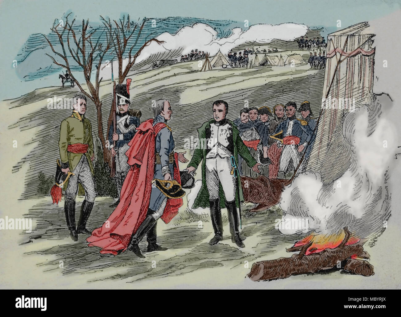 Interview zwischen Napoleon und der österreichische Kaiser Franz II. nach der Schlacht von Austerlitz, 1805. Gravur, 19. Stockfoto