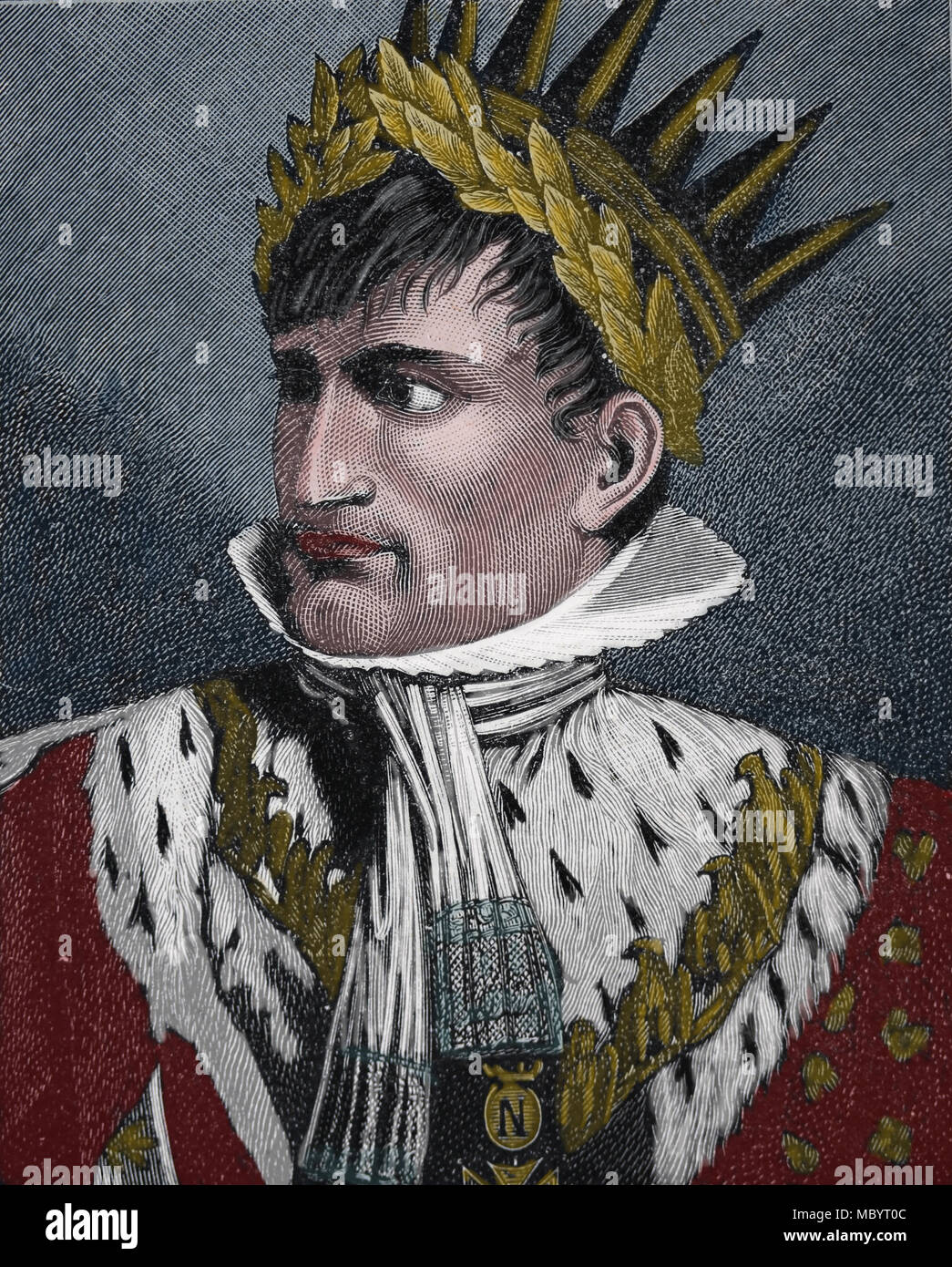 Porträt von Napoleon Bonaparte (1769-1821), als König von Italien, in Mailand gekrönt. Gravur, 19. Stockfoto
