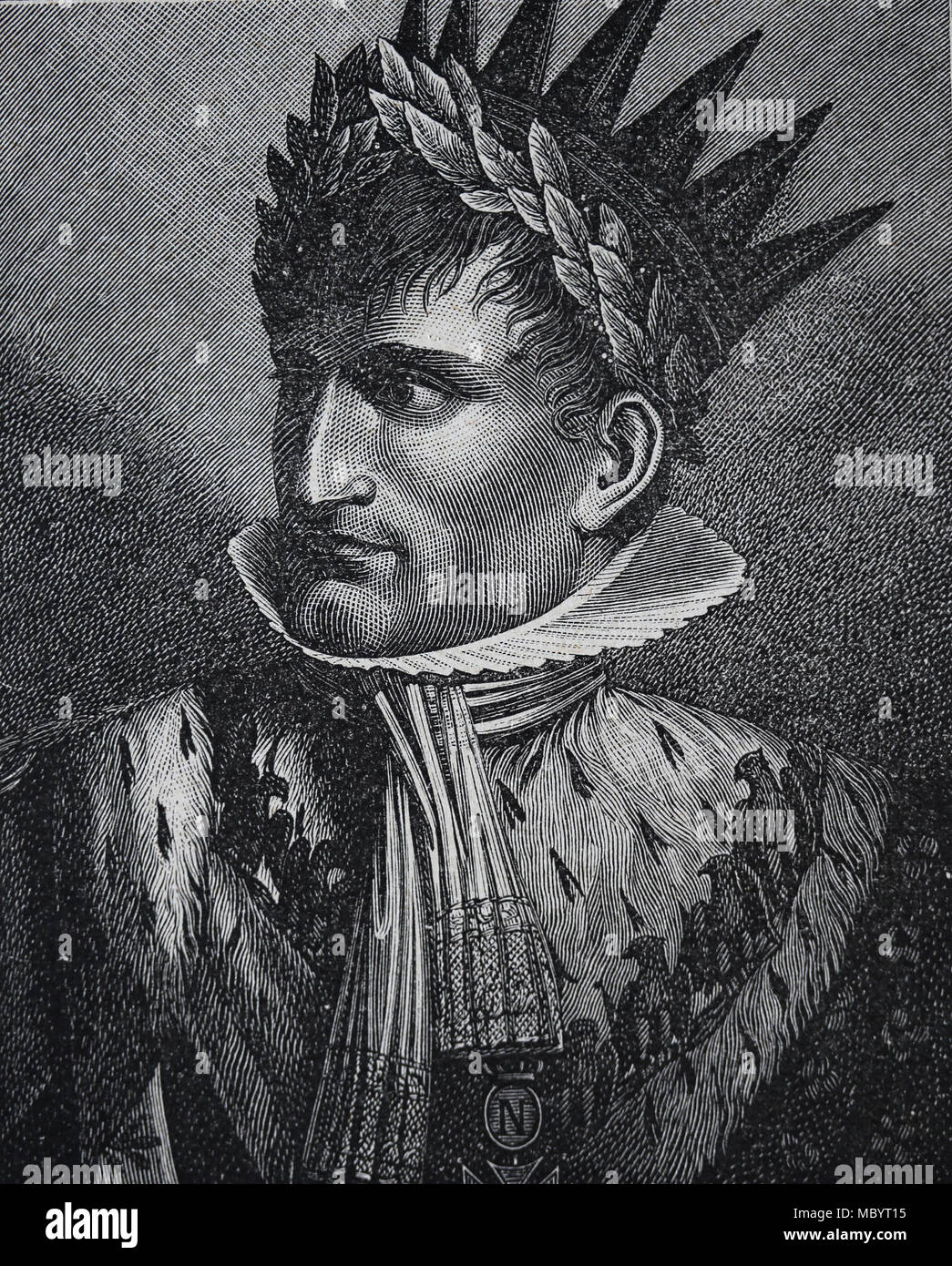 Porträt von Napoleon Bonaparte (1769-1821), als König von Italien, in Mailand gekrönt. Gravur, 19. Stockfoto