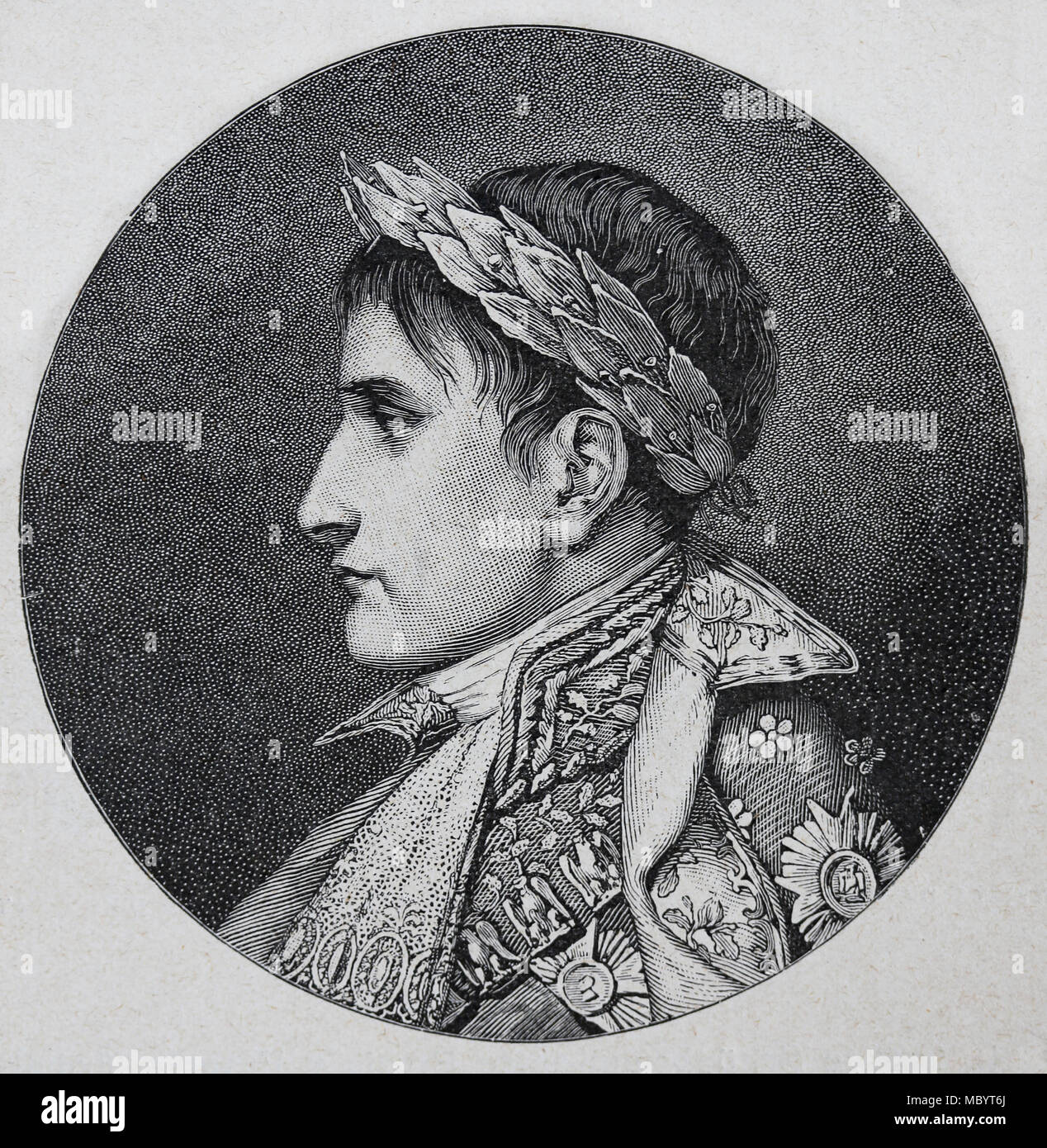 Porträt von Napoleon Bonaparte (1769-1821), als König von Italien, in Mailand gekrönt. Gravur, 19. Stockfoto