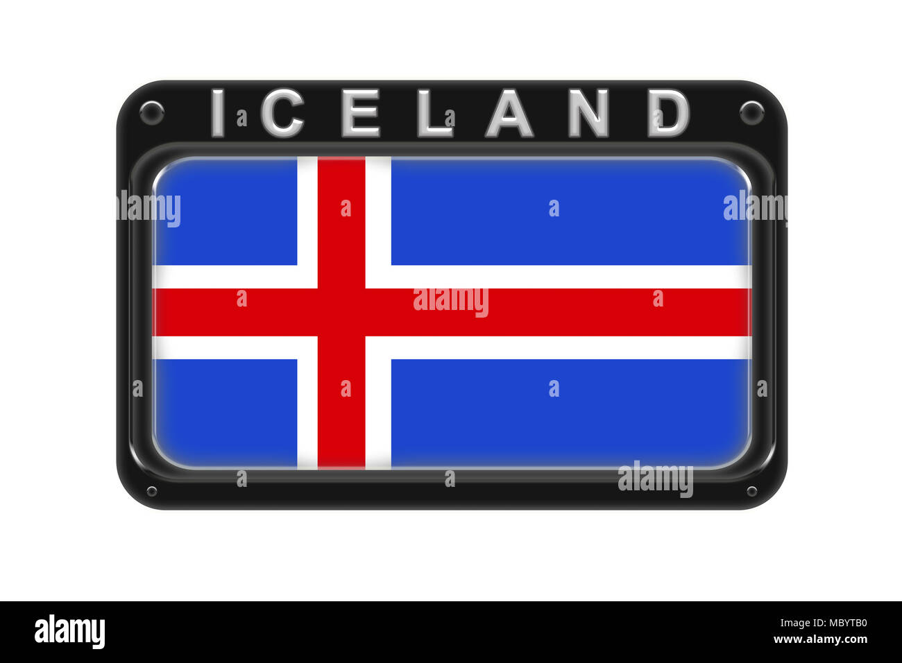 Die Fahne von Island im Rahmen mit Nieten auf weißem Hintergrund Surround Stockfoto