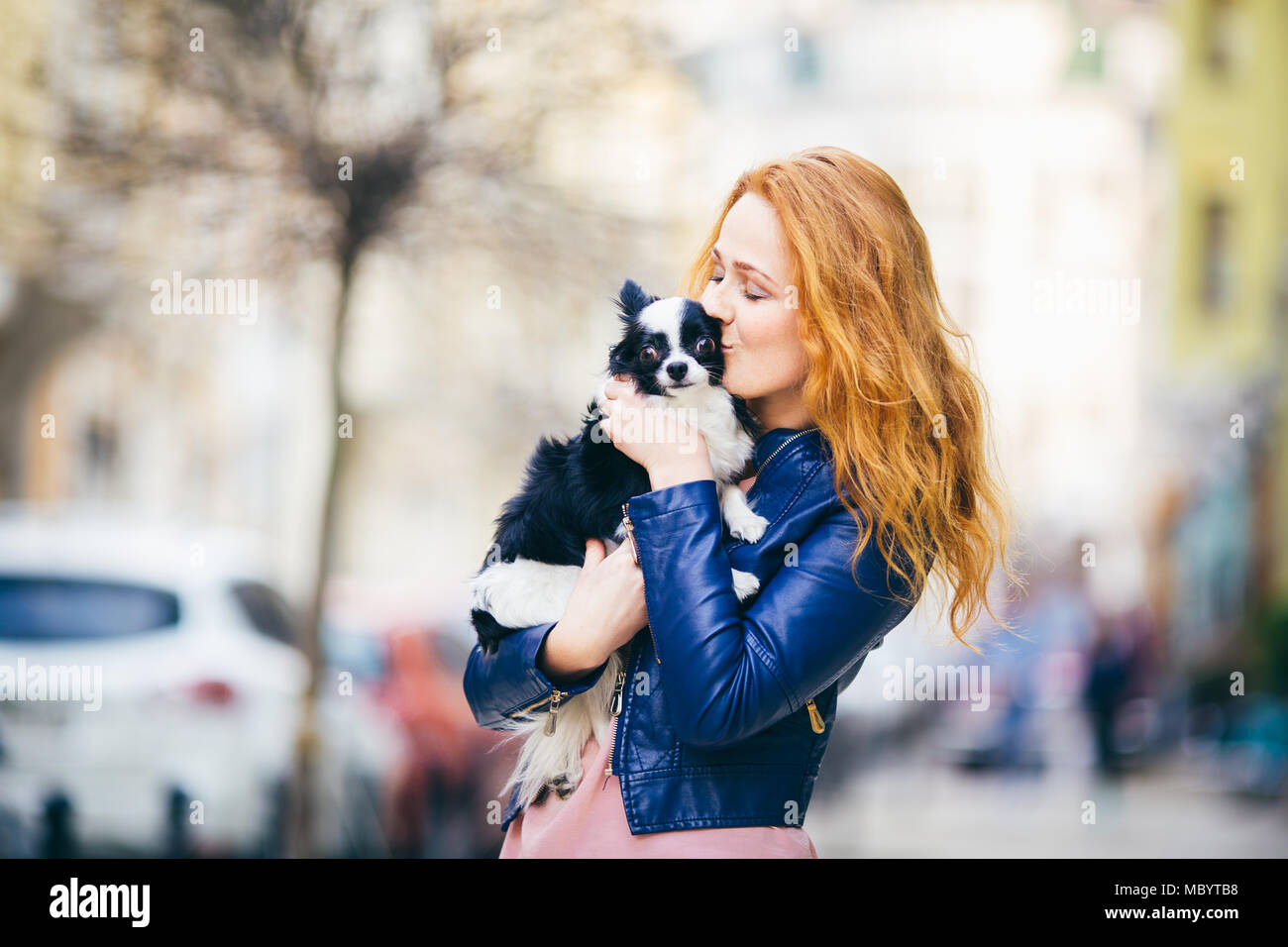 Eine junge Rothaarige kaukasische Frau mit Sommersprossen und Küsse, die Schwarzen und Weißen shaggy Hund Chihuahua Zucht. Mädchen in Blau gekleidet leathe Stockfoto