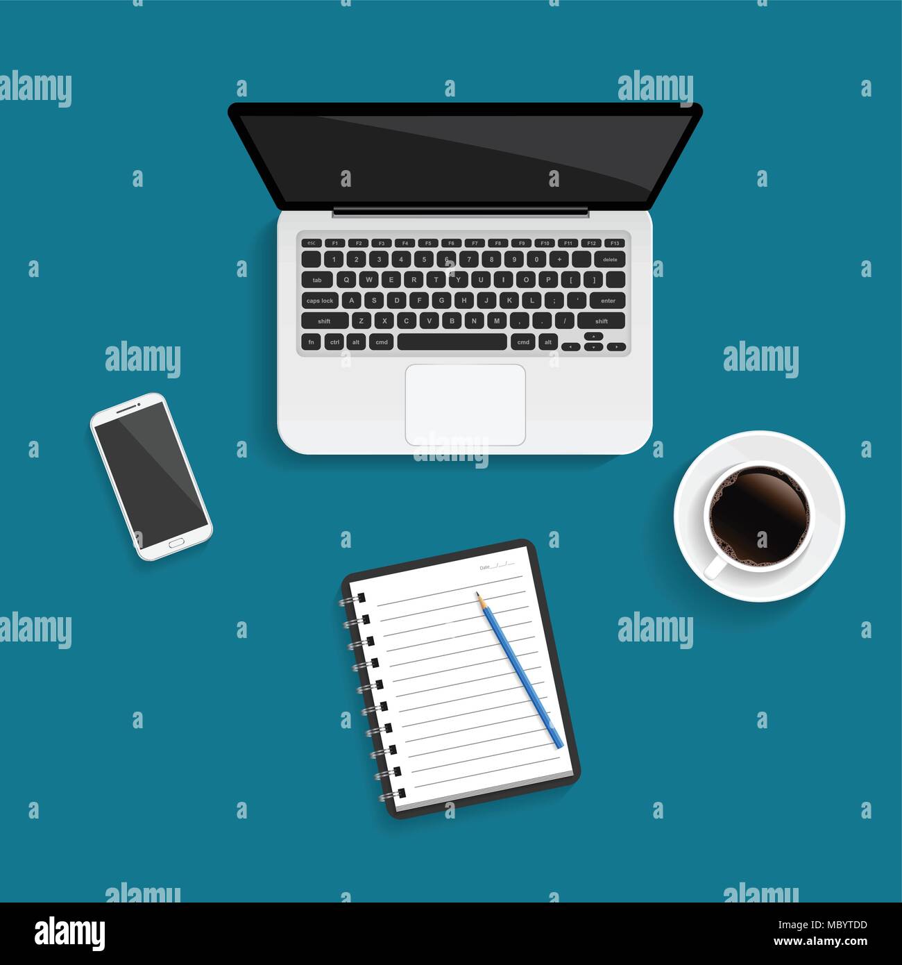 Laptop mit leerer Bildschirm, Smartphone, Tasse Kaffee und Büromaterial auf dem Holztisch. Arbeitsplatz der Geschäftsmann. Vektor Illustration. Stock Vektor