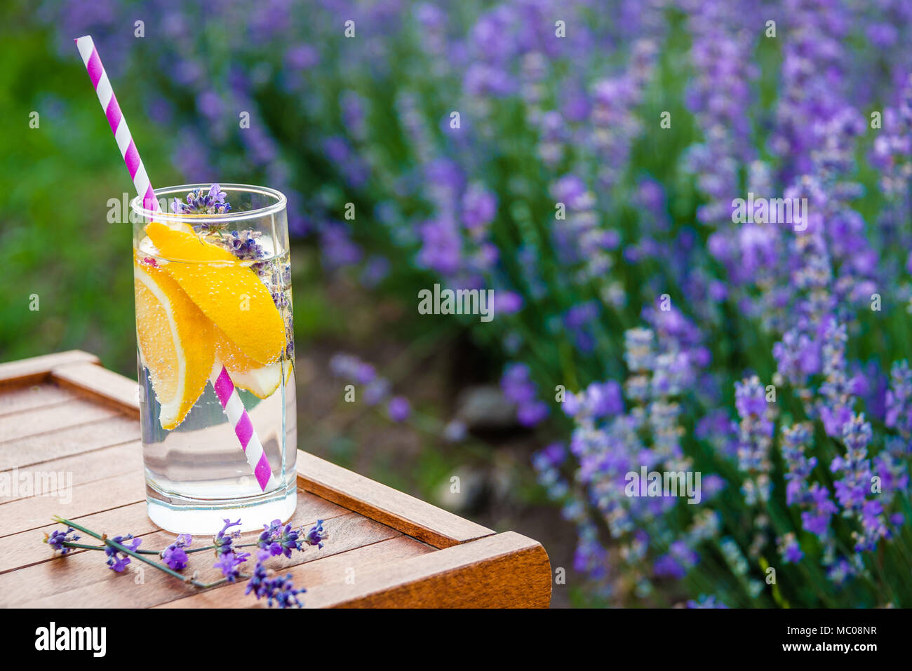 Ein Glas erfrischende Limonade über einen hölzernen Stuhl. Blühende Lavendel Blumen im Hintergrund. Stockfoto