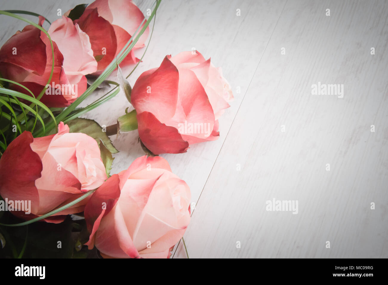 Ein Strauß Rosen auf weißem Holz alte Hintergrund. Vintage-Stil. Stockfoto