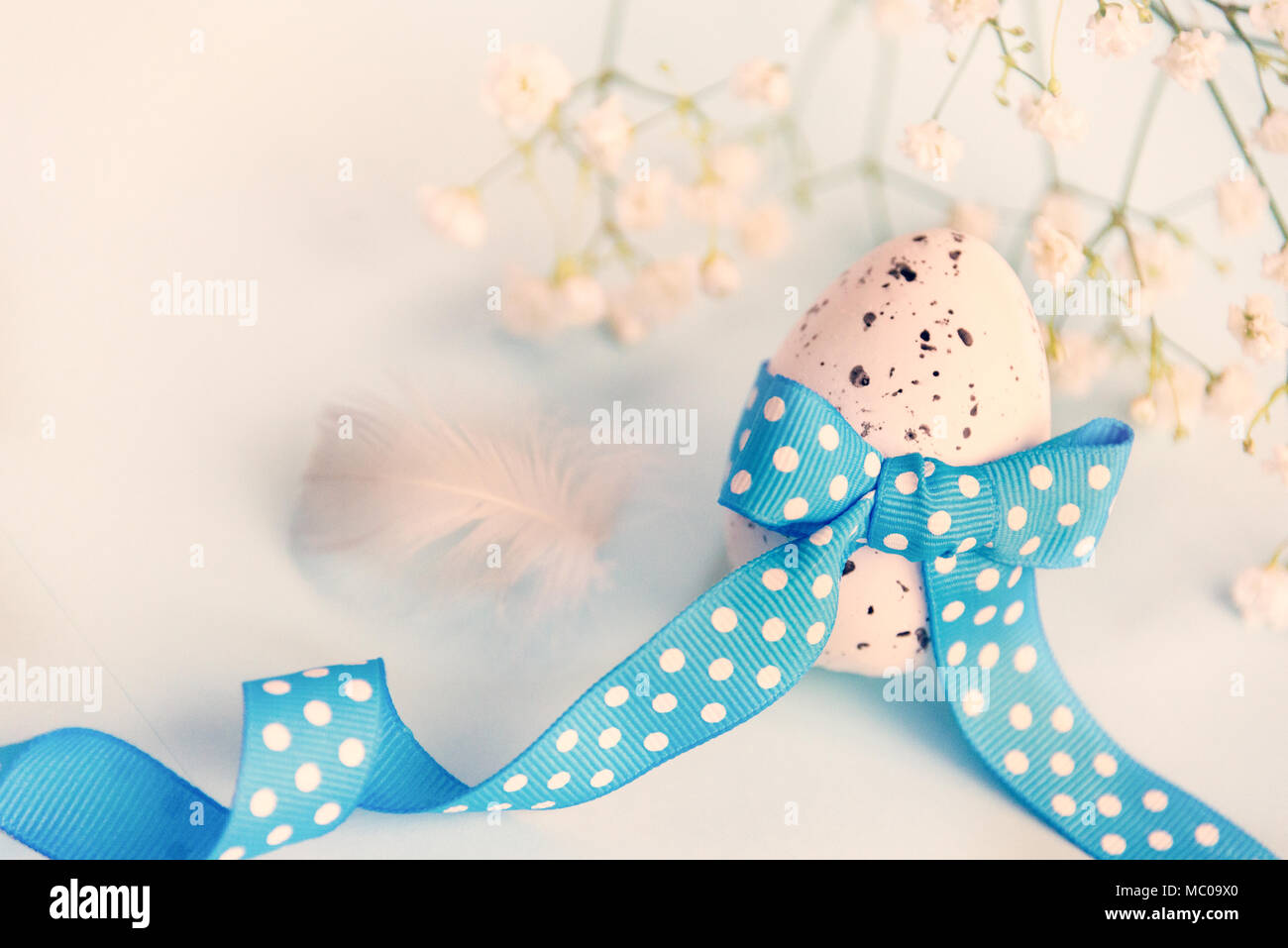Nahaufnahme eines Osterei. Frühling Blumen und Federn auf blauem Hintergrund. Vintage Effekt. Stockfoto
