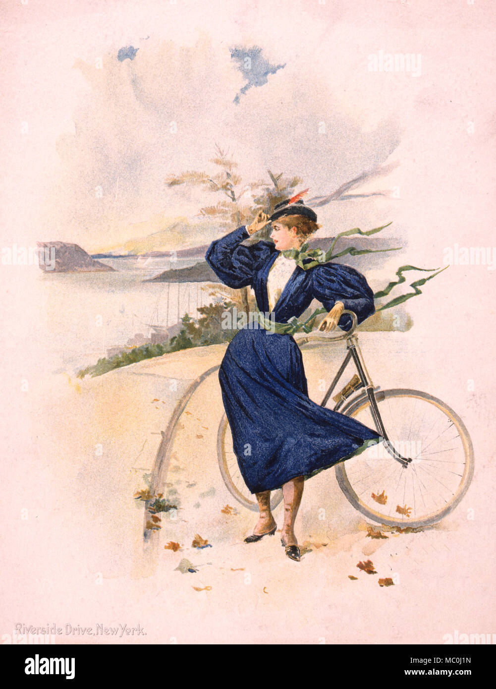 Riverside Drive, New York - Drucken zeigt eine junge Frau, die neben einem Fahrradverleih in der Nähe des Wasser, ca. 1896 Stockfoto