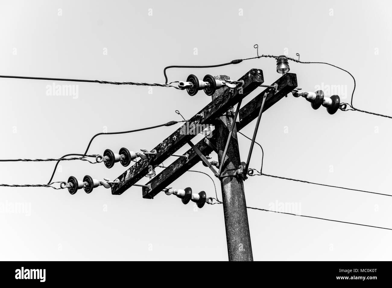Isolierte schwarze und weiße elektrische Pole und Drähte Stockfoto