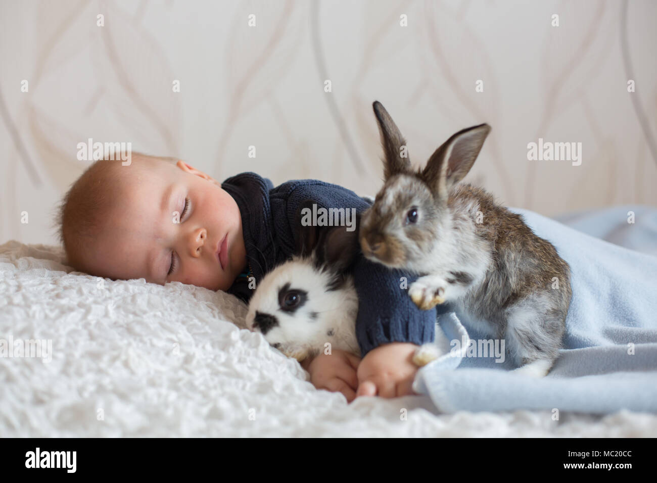 Süße kleine Baby Boy, Schlafen mit Haustier Kaninchen zu Hause Stockfoto