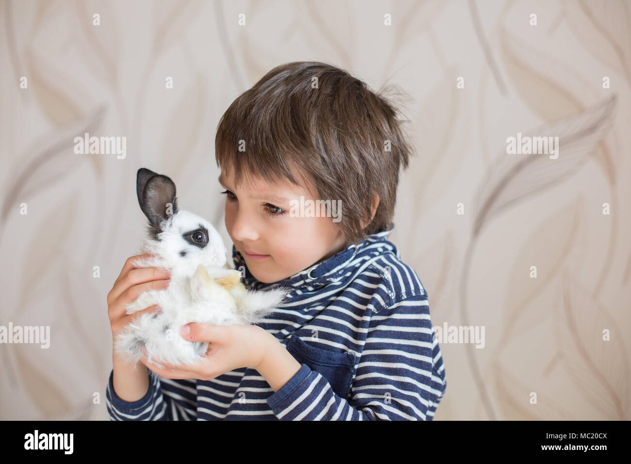 Süße kleine Vorschule Junge, das Spiel mit dem Kaninchen, Haustiere zu Hause Stockfoto