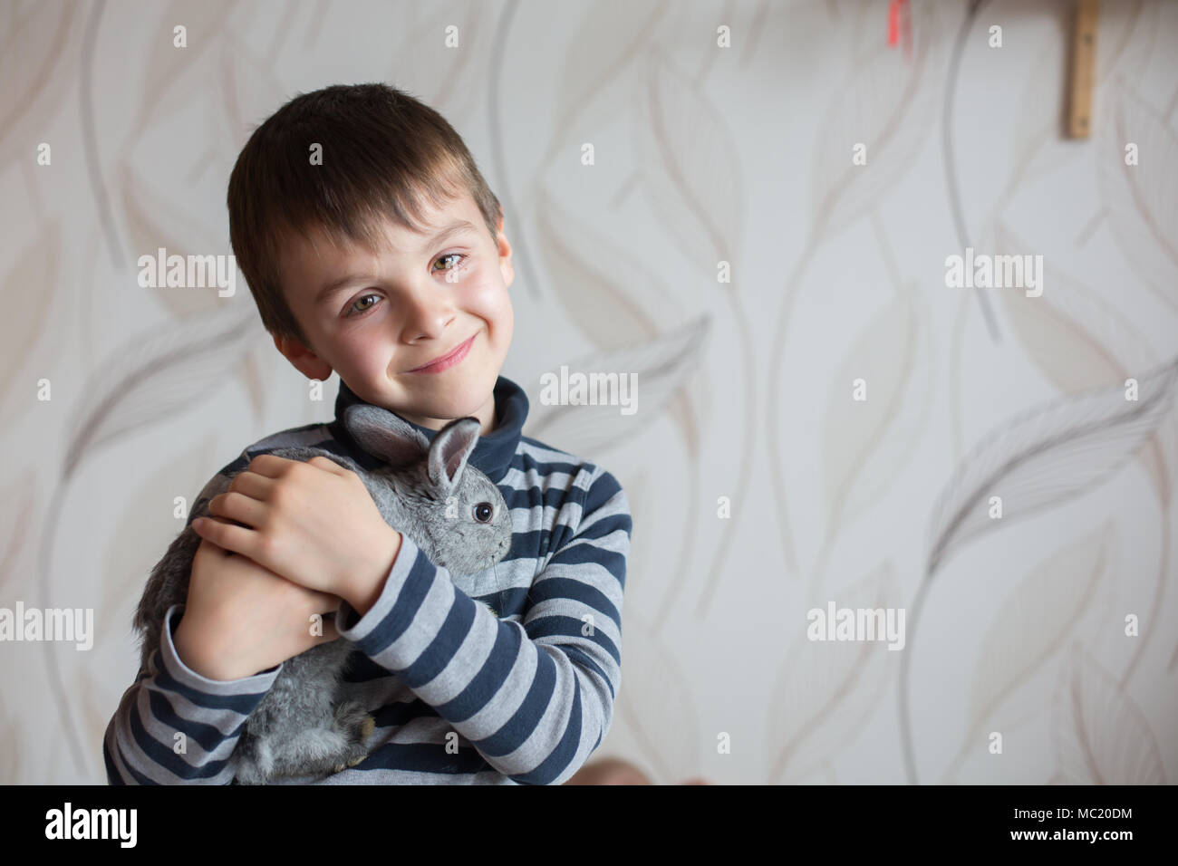 Süße kleine Vorschule Junge, das Spiel mit dem Kaninchen, Haustiere, zu Hause Stockfoto