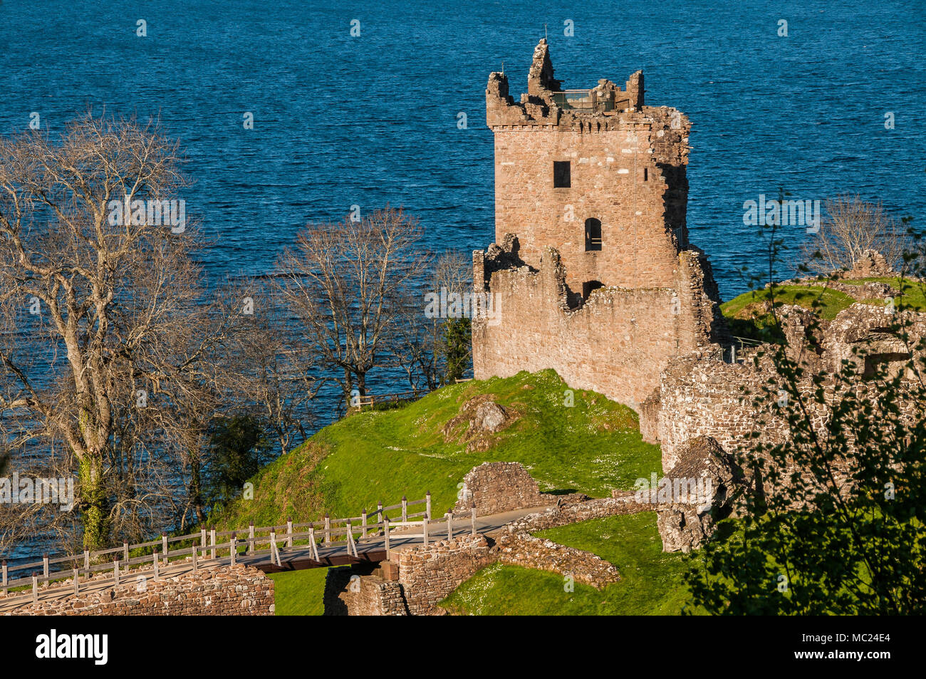 Sitzt neben Urquhart Castle Loch Ness in den Highlands von Schottland mit Blick auf den Urquhart Bay auf das Loch. Stockfoto