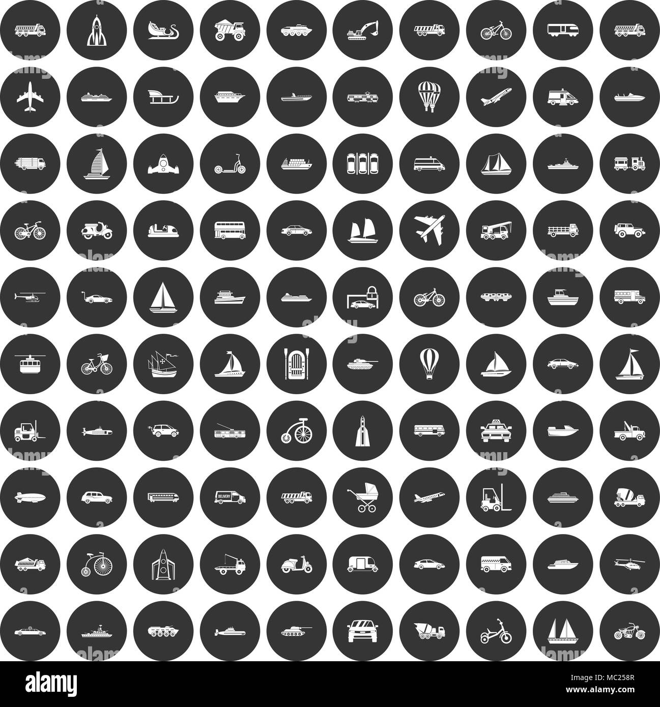 100 Transport Icons Set schwarz Kreis Stock Vektor