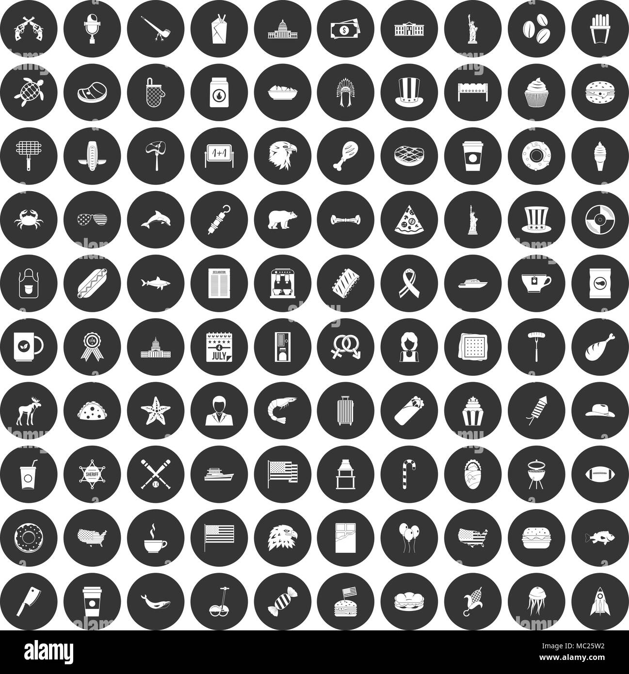 100 USA Icons Set schwarz Kreis Stock Vektor