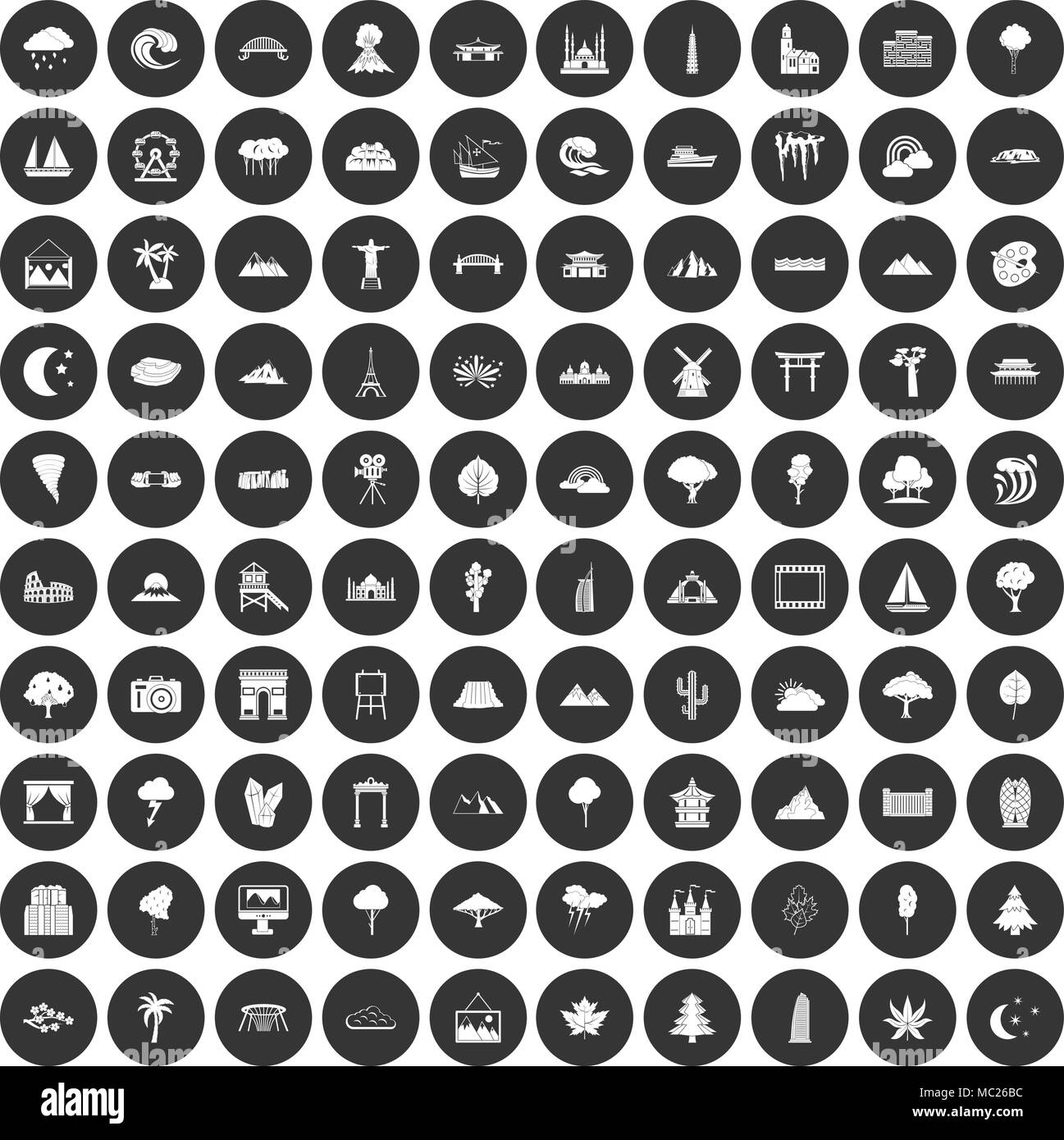 100 Ansicht Icons Set schwarz Kreis Stock Vektor