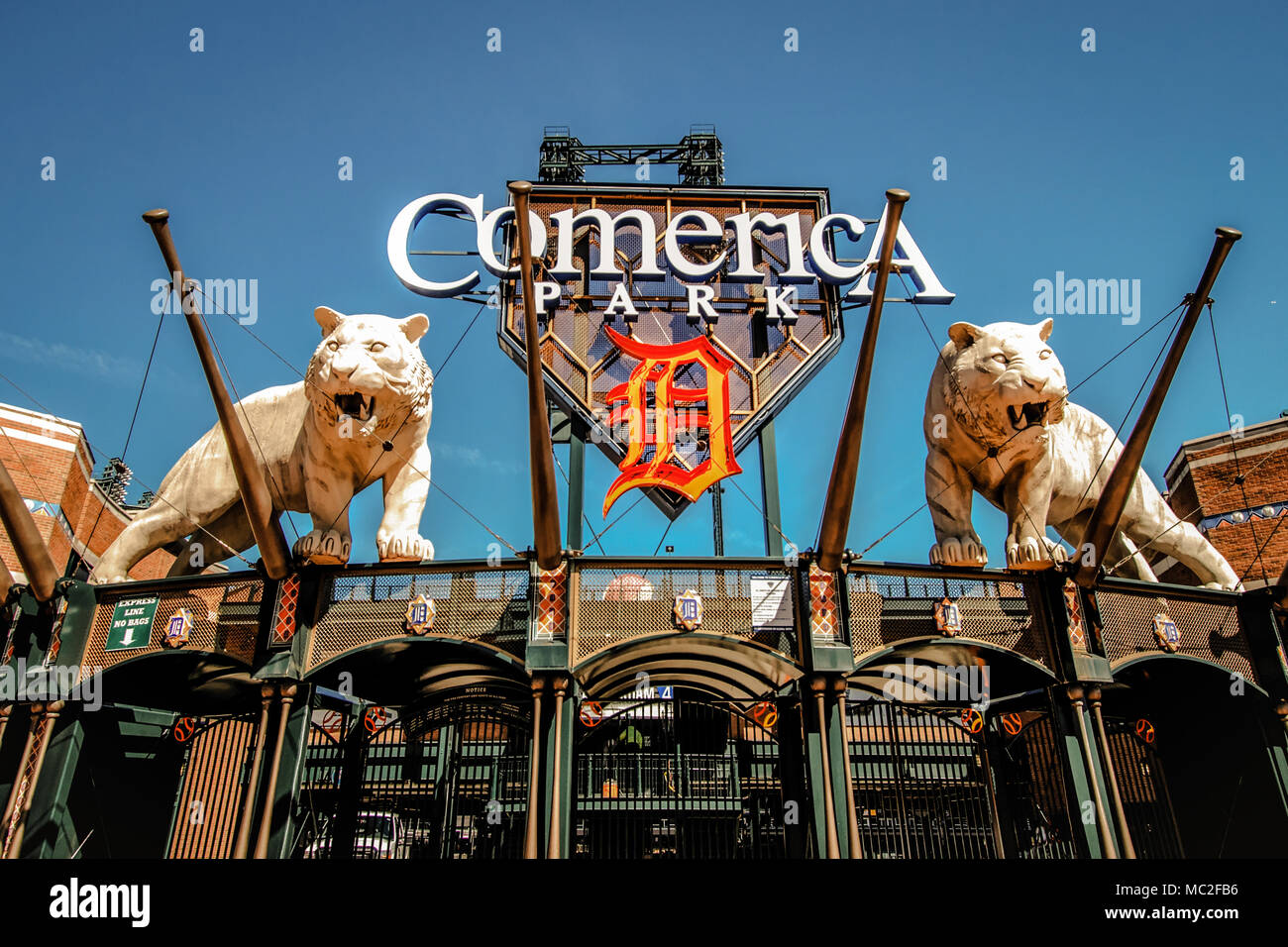 Die Außenseite des Comerica Park home zu den Detroit Tigers. Das Stadion hat eine Kapazität von über 41.000 und ersetzt Tiger Stadium im Jahr 2000 Stockfoto