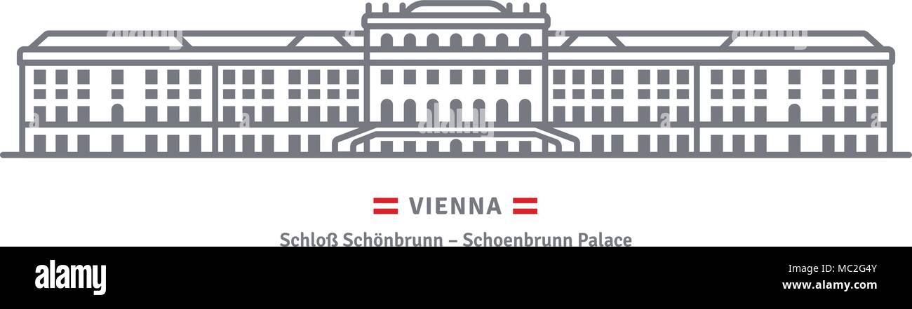 Österreich Symbol Leitung. Schloss Schönbrunn in Wien und Österreichische Fahne Vector Illustration. Stock Vektor