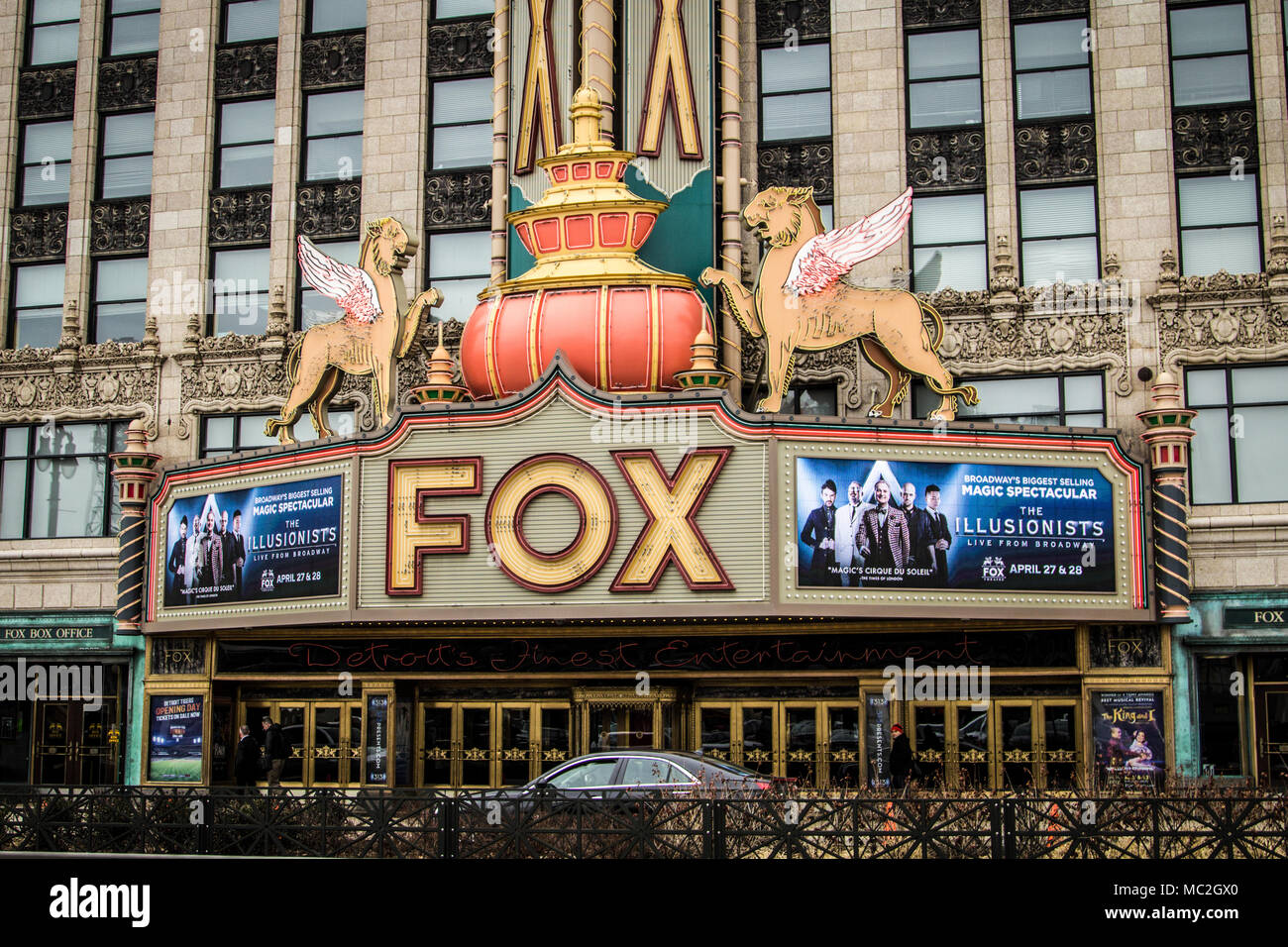 Die historische Fox Theater in der Innenstadt von Michigan eröffnet; in den 1920er Jahren und heute bleibt in Betrieb. Der historische Ort verfügt über Broadway spielt. Stockfoto