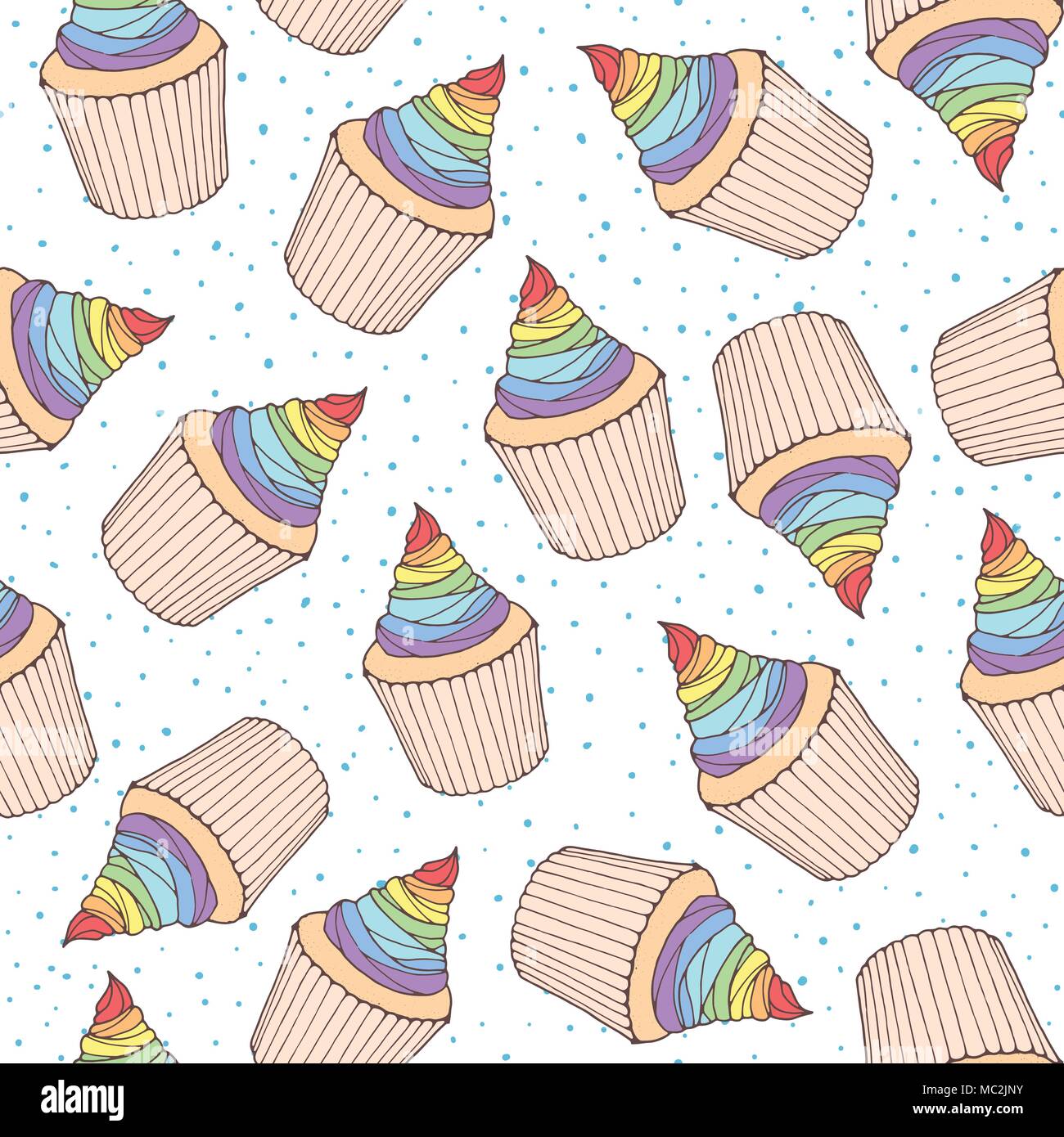 Vektor nahtlose Muster mit kleinen Kuchen und Muffins mit Regenbogen Sahne auffüllen. Hand süße Bäckerei an der gepunkteten Hintergrund dargestellt. Stock Vektor