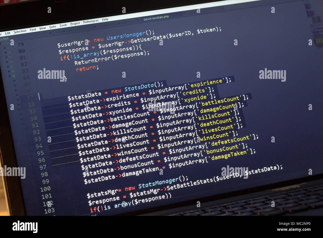 PHP-Code. Computer Quellcode. Abstrakte Bild der Web Developer. Die digitale Technologie moderne Hintergrund. Code wird von mysel erstellt Stockfoto