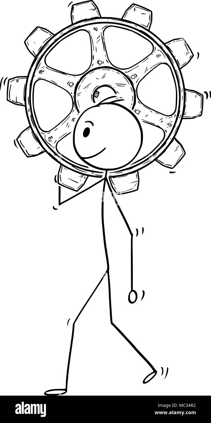 Cartoon von Mann oder Geschäftsmann tragen große Zahnrad oder Cog Stock Vektor