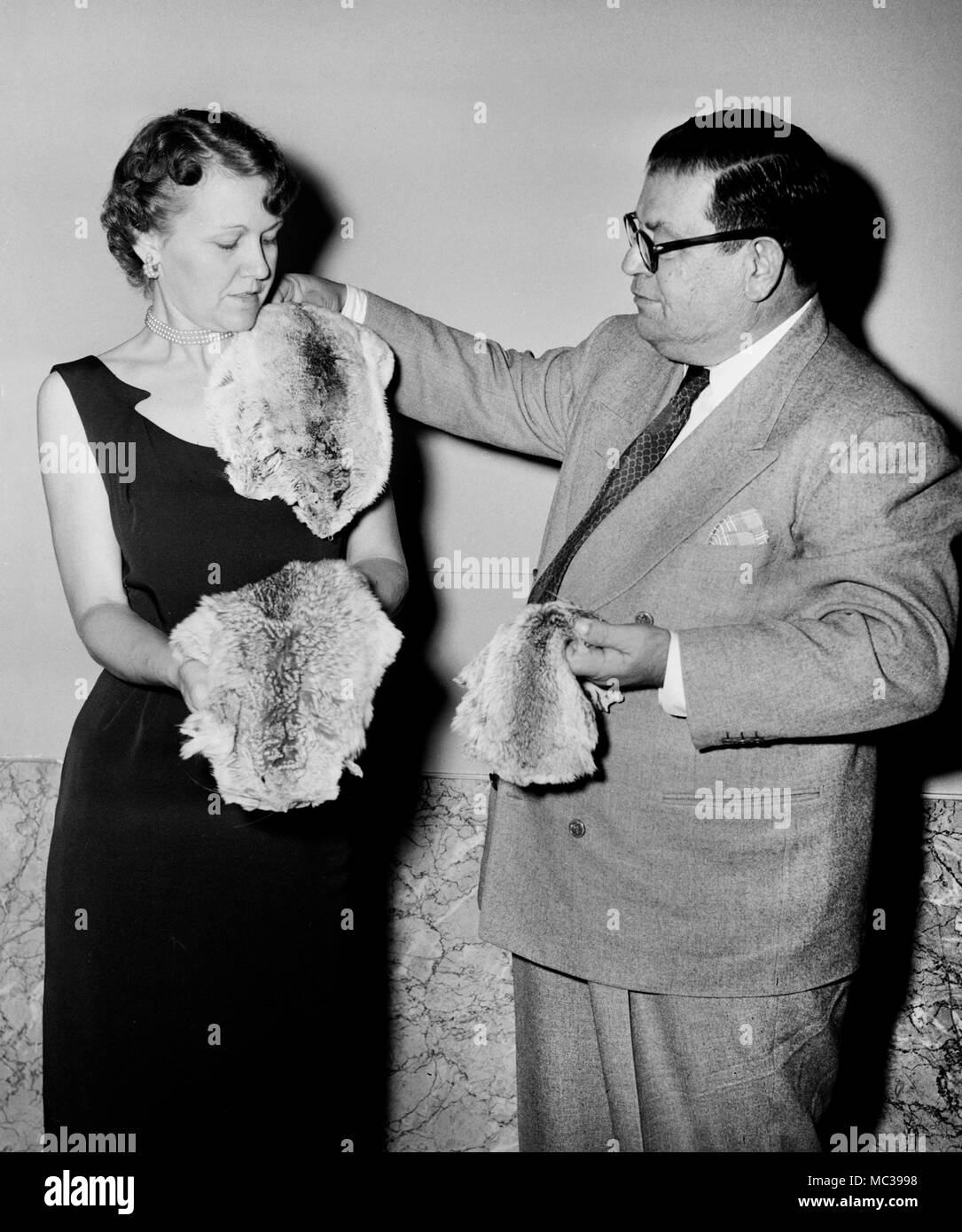 Ein Mann versucht verschiedene chinchilla Pelze auf eine Frau, Ca. 1953. Stockfoto