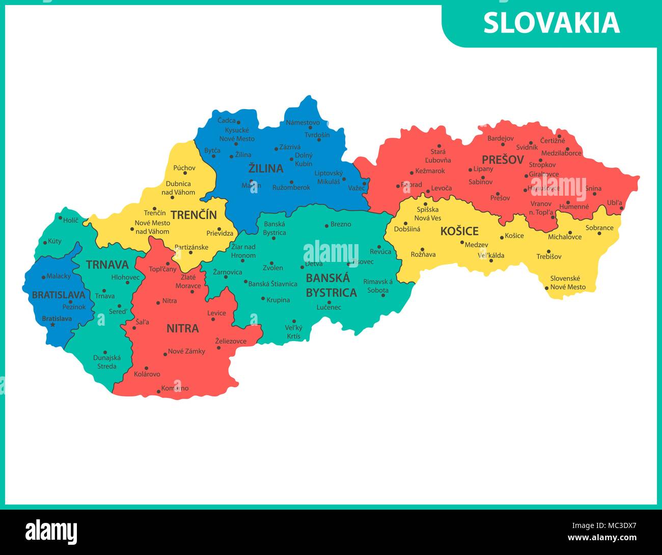 Die detaillierte Karte von der Slowakei mit Regionen oder Staaten und ...