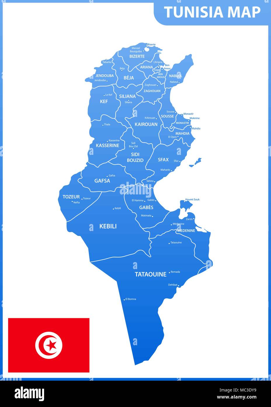 Die detaillierte Karte von Tunesien mit Regionen oder Staaten und Städte, Hauptstädte. Verwaltungseinheit Stock Vektor
