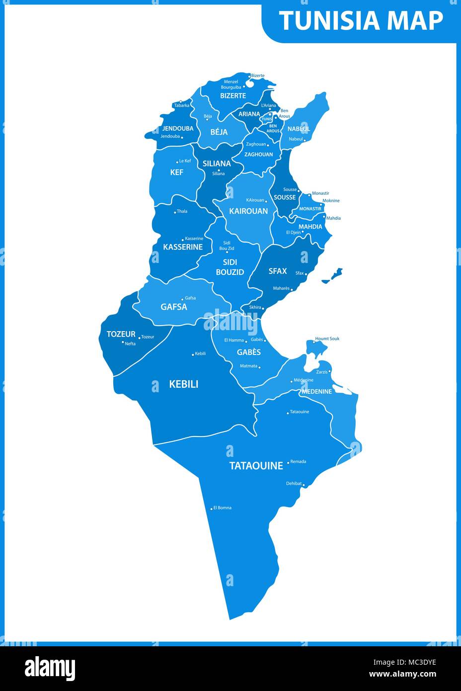 Die detaillierte Karte von Tunesien mit Regionen oder Staaten und Städte, Hauptstädte. Verwaltungseinheit Stock Vektor