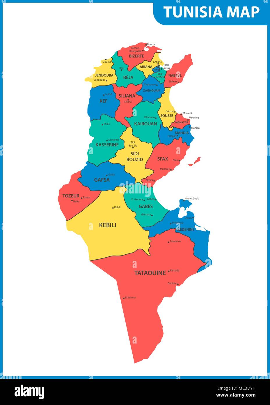 Die detaillierte Karte von Tunesien mit Regionen oder Staaten und Städte, Hauptstädte. Verwaltungseinheit Stock Vektor