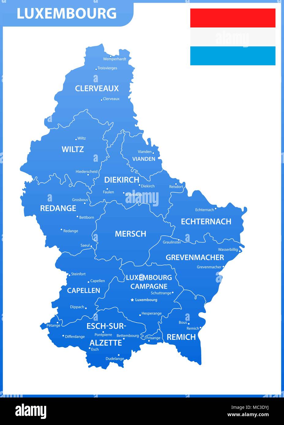 Die detaillierte Karte des Luxemburgischen mit Regionen oder Staaten und Städte, Hauptstädte. Verwaltungseinheit Stock Vektor