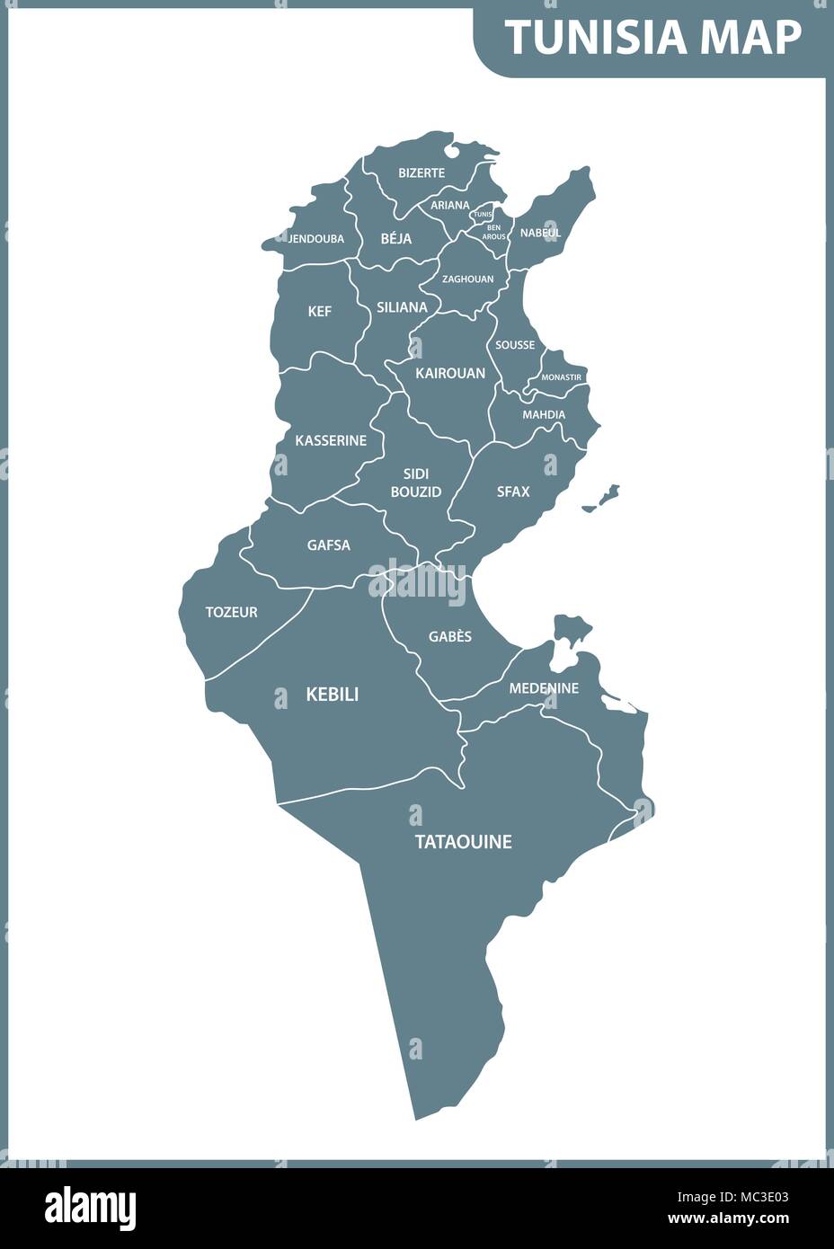 Die detaillierte Karte von Tunesien mit Regionen oder Mitgliedstaaten Stock Vektor